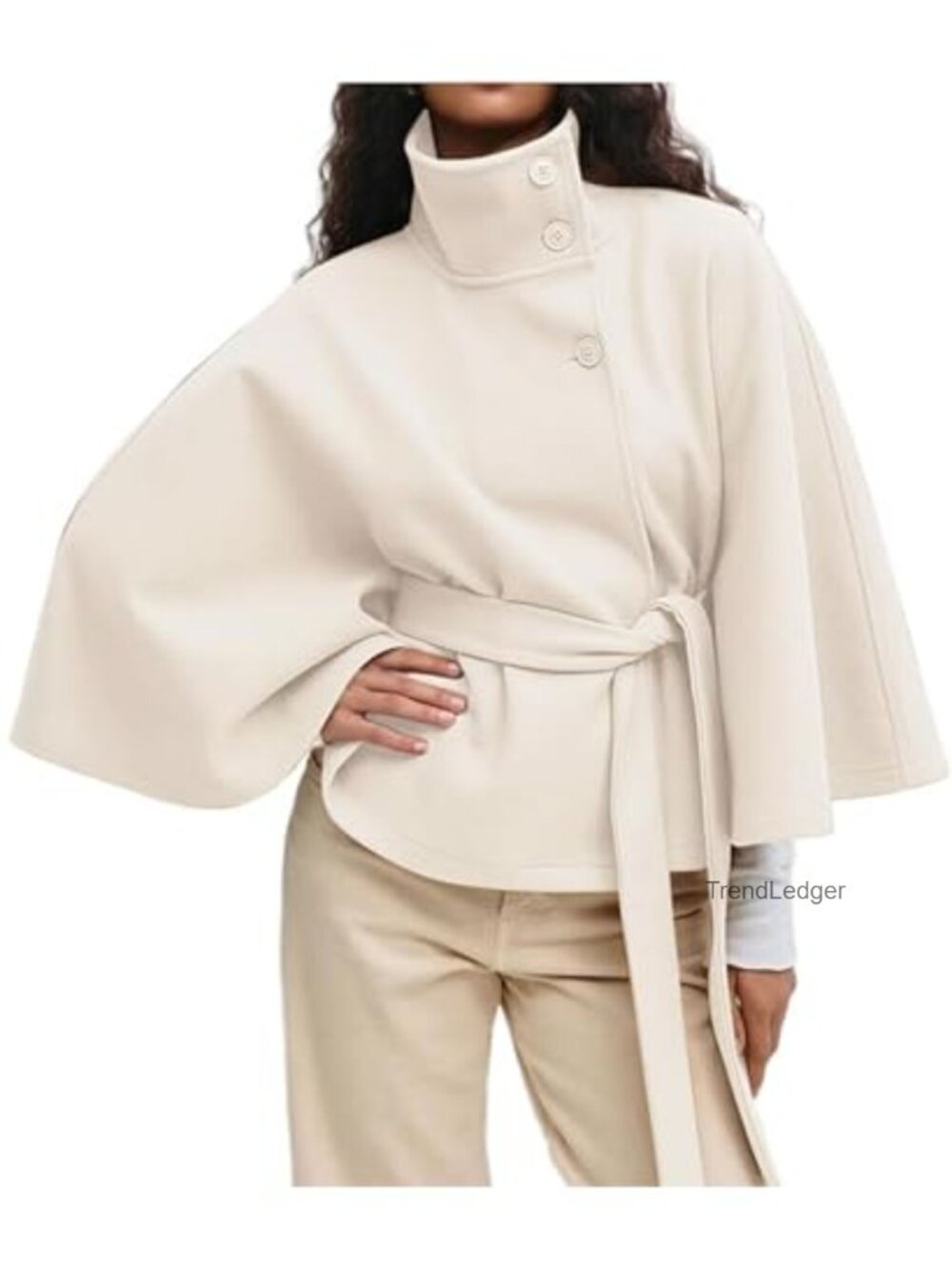 Wool Blend Batwing Sleeve Poncho Cape Coat Button Oversized Winter Pea Coat